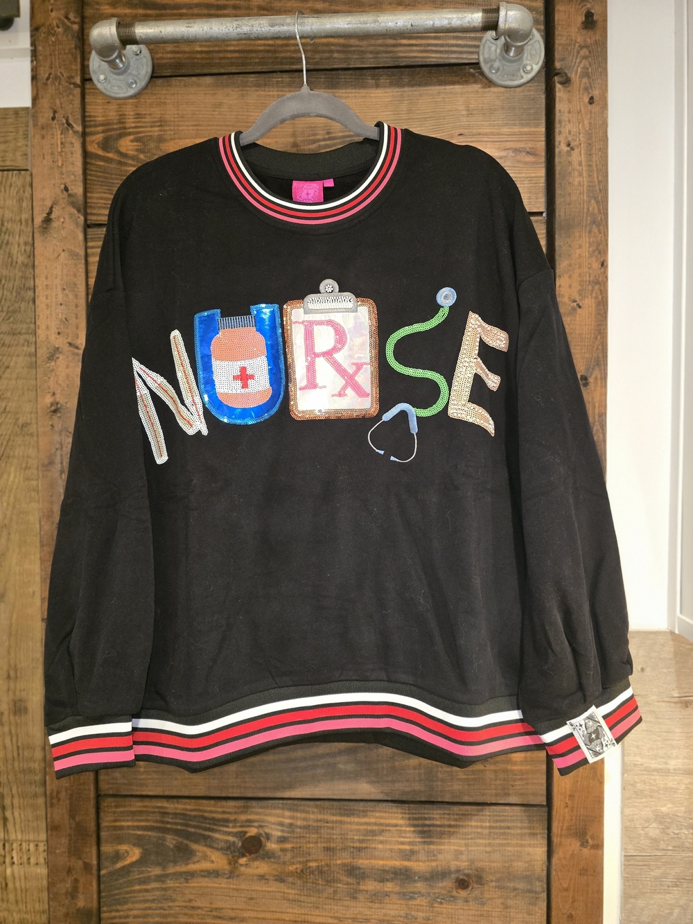 QUEEN OF SPARKLES Black Nurse Appliqué Crewneck Sweatshirt